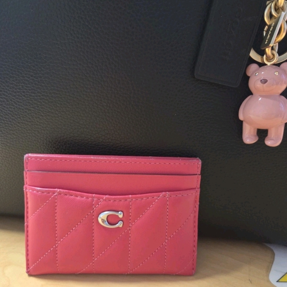 Coach Pink Quilted Card Holder with C Logo